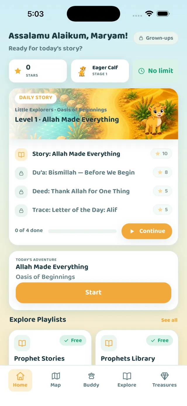 The Deen Trail home screen showing today's trail and Safar the camel
