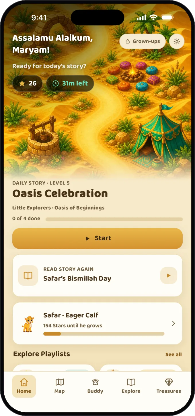 Deen Trail home screen with daily stories and activities